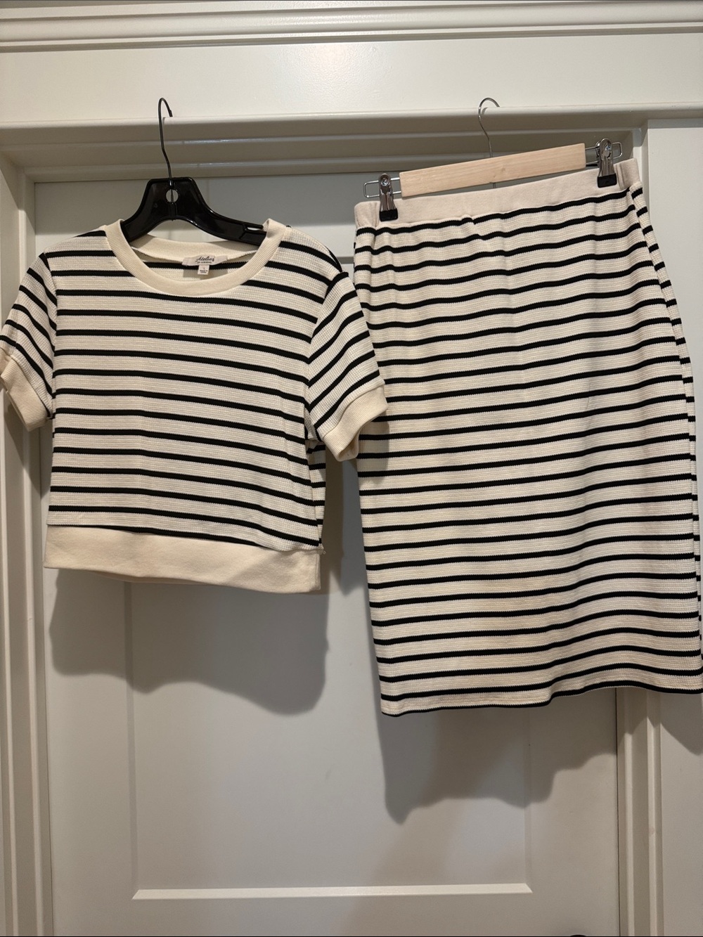 Women’s Cream and Black Striped Knit Shirt and Skirt set